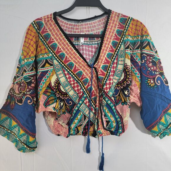 IAM Woman Multicolor Patterned Blouse Bell Sleeves V-Neck Braided Rope Top M - Picture 5 of 7